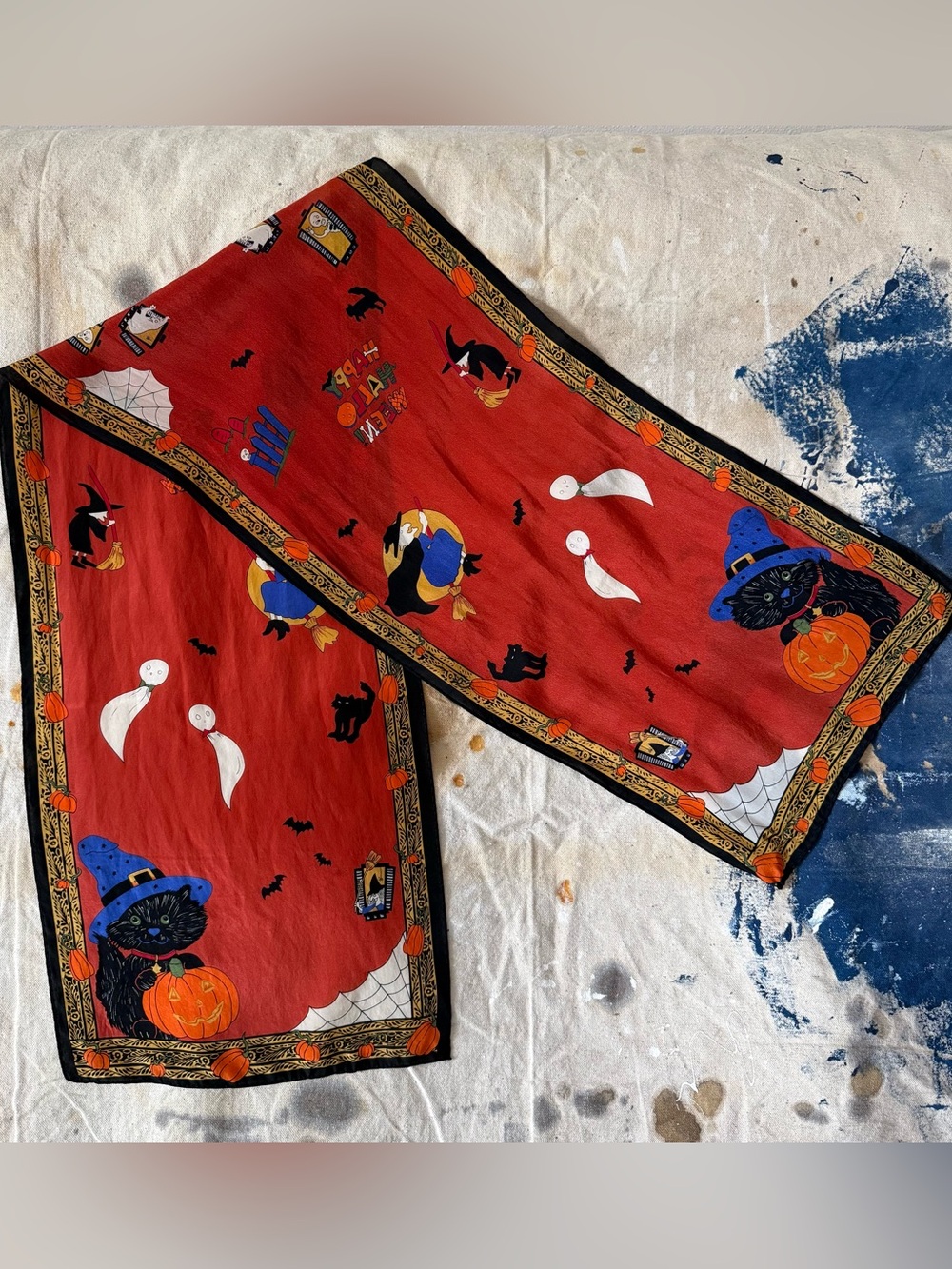 Vintage 70s 80s Novelty Halloween Orange Silk Scarf